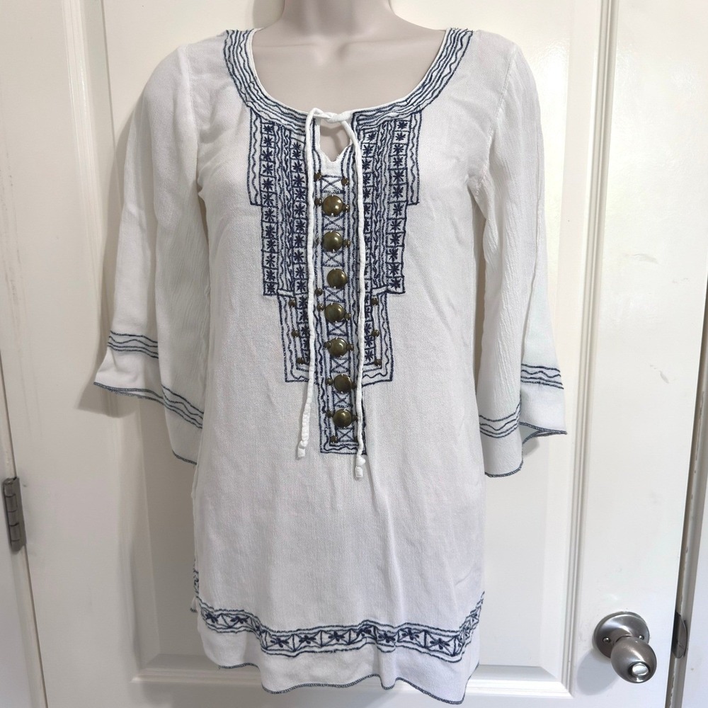 Kori America White Embroidered Tunic Blouse Small Boho Festival Bell Sleeve